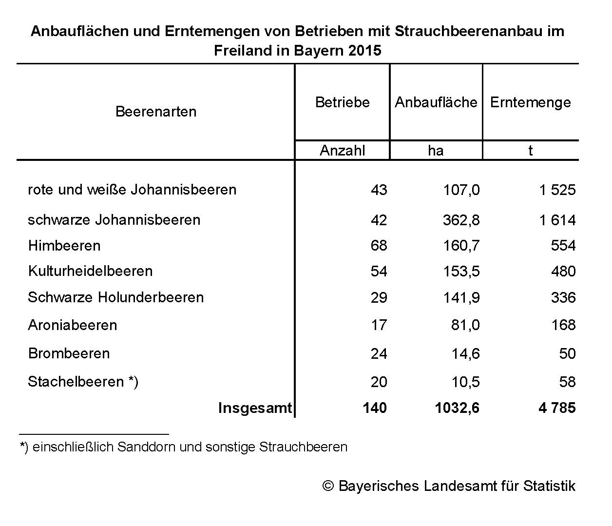 Anbauflächen und Erntemengen von Betrieben mit Strauchbeerenanbau im Freiland in Bayern 2015