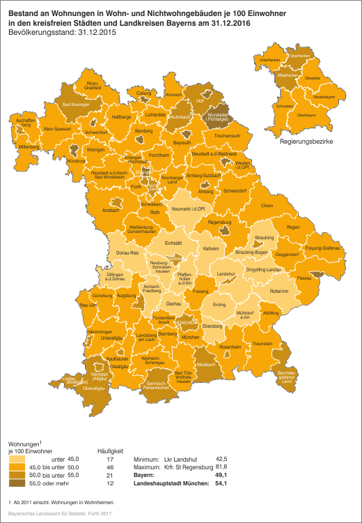 Bestand an Wohnungen in Wohn- und Nichtwohngebäuden je 100 Einwohner in den kreisfreien Städten und Landkresien Bayerns am 31.12.2016