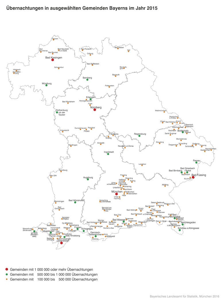 Übernachtungen in ausgewählten Gemeinden Bayerns im Jahr 2015